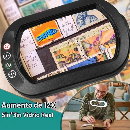 Vista 2 de IVMAIE Lupa rectangular 10X con luz, 5 modos de color, lupa regulable sin escalones con soporte, lámpara de escritorio con abrazadera iluminada LED