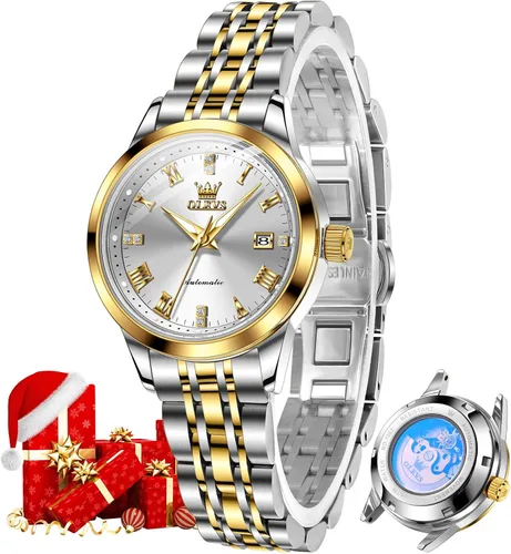 Vista 19 de OLEVS - Reloj automático para mujer de oro, lujo con diamante, de cuerda automática, relojes de pulsera para damas impermeables, luminosos, con fecha