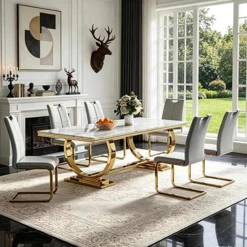 Vista 54 de 5 Piece Black Marble Dining Table Set for 4, Modern Faux Marble Kitchen Dining Room Tables with 4 Leather Chairs Set, 68.11" Luxury Rectangular