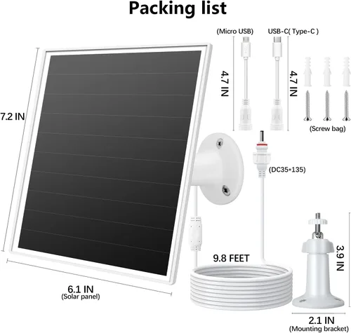 Vista 7 de Cargador de panel solar de 6 W para cámaras de seguridad exteriores. Micro USB/USB - C/DC (35 * 135) Compatible con cámaras Eufy/Wyze/Ring, cable