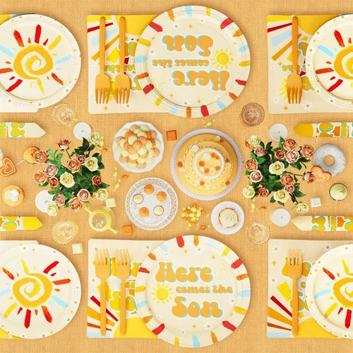 Vista 6 de Hombae Here Comes the Son - Juego de vajilla de decoración para baby shower con platos, servilletas, tenedores, suministros de fiesta de baby