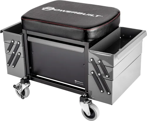 Vista 4 de Powerbuilt Asiento rodante con bandejas de herramientas expandibles, taburete de garaje con caja de herramientas con ruedas - Gris 941918ECE