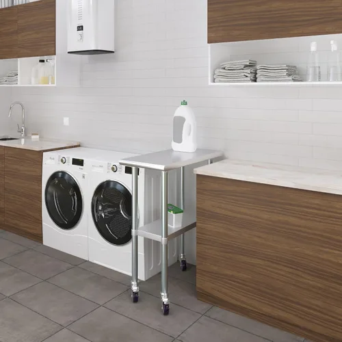 Vista 6 de AmGood Mesa de trabajo de acero inoxidable de 30 x 12 pulgadas con ruedas, mesa de metal resistente sobre ruedas, carrito de isla de cocina