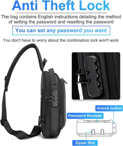 Vista 2 de Sling Bag for Men Anti-Theft USB Crossbody Backpack Waterproof Chest Daypack