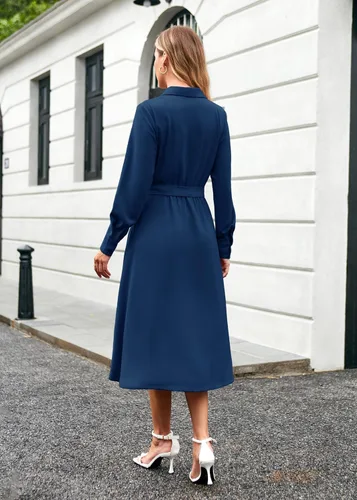 Vista 4 de GRACE KARIN Vestidos plisados de manga larga para mujer, con cuello en V, fluidos, para negocios, casual, acampanado, para negocios