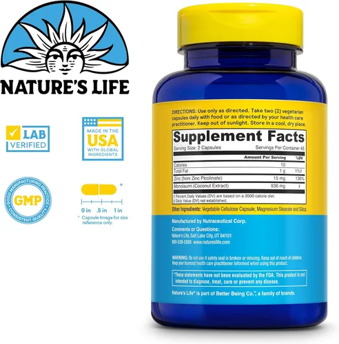 Vista 3 de Nature's Life Monolaurin Plus Zinc Suplemento de apoyo inmunológico – 936 mg de monolaurina de coco crudo, zinc 15 mg, apoya la salud intestinal