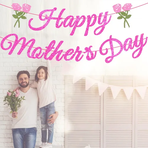 Vista 4 de Suministros de decoración de fiesta para el día de la madre con purpurina rosa con letrero de flores para el día de la madre, fiesta en casa