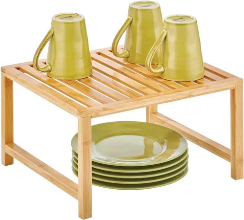 Vista 7 de mDesign Estante de almacenamiento apilable de madera, organizador de alimentos y cocina para gabinetes, estantes de despensa, encimera, gabinete