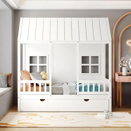 Vista 3 de Harper & Bright Designs Cama de casa de tamaño individual con cama nido de tamaño individual, sofá cama de madera, cama de plataforma con techo