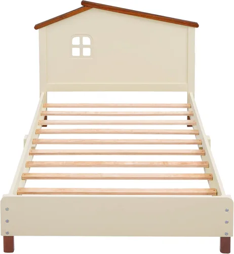 Vista 4 de Cama de plataforma de madera de tamaño individual con cabecera en forma de casa, soporte de listones de madera, para dormitorio de niños, niñas