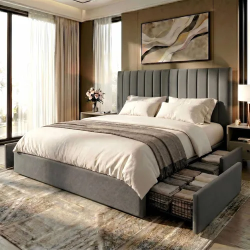 Vista 11 de SHA CERLIN Base de cama de plataforma tamaño matrimonial con 4 cajones de almacenamiento, cabecera acolchada vertical con diseño acanalado