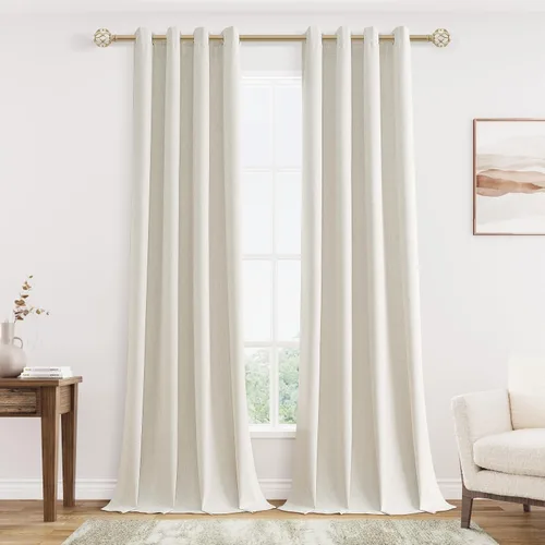 Vista 26 de Beige White Linen Blackout Curtains 90 Length 2 Panels Set for Living Room Bedroom, 100% Black Out Thermal Insulated Linen Drapes, Room Darkening