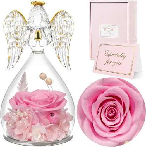 Vista 14 de Sunia Regalos para mamá, regalos de cumpleaños para mujeres, rosas reales preservadas en figura de ángel de cristal, flores eternas para la entrega