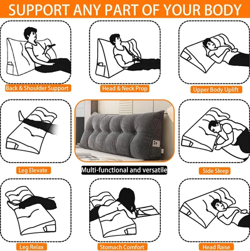 Vista 7 de Almohada de cuña Queen para cabecero, con funda extraíble y dos bolsillos laterales grandes, para camas, sofás, suelos. Especialmente para sentarse