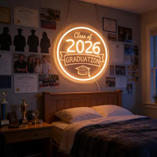 Vista 3 de Class of 2026 - Letrero de neón con texto en inglés "Congrats Grad" LED regulable USB Felicidades Graduación Cap Light Decoración de pared para sala