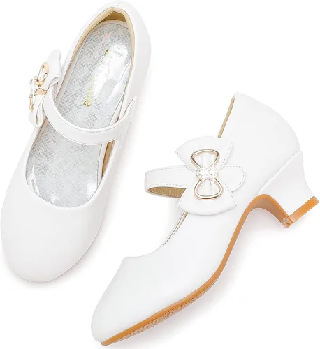 Vista 2 de Dufannie Zapatos de vestir para niñas, zapatos de tacón bajo de princesa, zapatos planos con purpurina para bodas y fiestas
