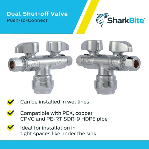 Vista 4 de SharkBite Válvula de bola de latón de un cuarto de vuelta de doble cierre, empuje de 1/2 pulgada para conectar x compresión de OD de 3/8 pulgadas x