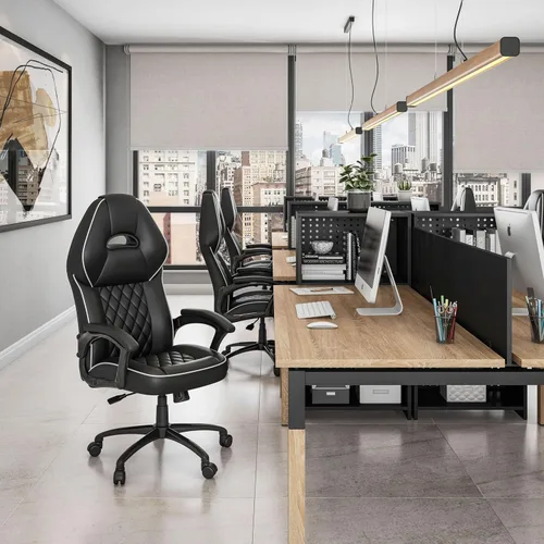 Vista 2 de Techni Mobili Silla ejecutiva de piel sintética con reposabrazos acolchados, silla de oficina de estilo de carreras ajustable en altura con control