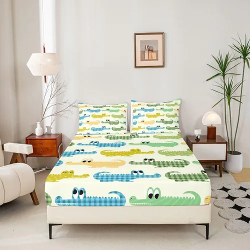 Vista 4 de Erosebridal Juego de ropa de cama de cocodrilo para niños, tamaño individual, lindo juego de sábanas de cocodrilo de dibujos animados para niños