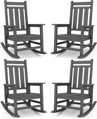 Vista 10 de Mecedora de exterior KINGYES, Mecedoras de patio para todo clima para porche, Sillas mecedoras de exterior de HDPE con respaldo alto para adultos