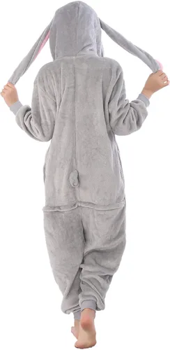 Vista 6 de HIBCIGA Disfraz de mameluco para niños, cosplay de animales para niños y niñas, Halloween, cálido, de felpa, de una pieza, conejo gris