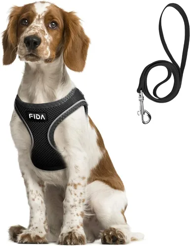 Vista 13 de Fida Cómodo arnés para perro con correa, chaleco suave para cachorros, a prueba de escapes, transpirable y ligero de malla suave, arnés reflectante