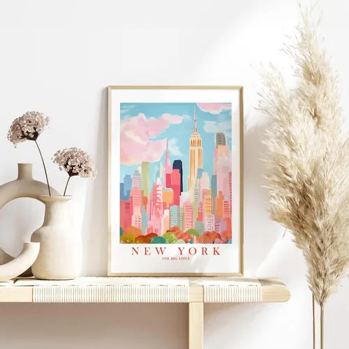 Vista 6 de ColorAndFlair Póster retro de viaje de Nueva York con diseño de horizonte rojo, rosa y naranja, póster retro de recuerdo de la gran manzana, pintura