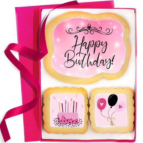 Vista 5 de Cesta de regalo de galletas de feliz cumpleaños para hombres, mujeres, niños, niños, caja de regalo de galletas de azúcar decorada sin nueces