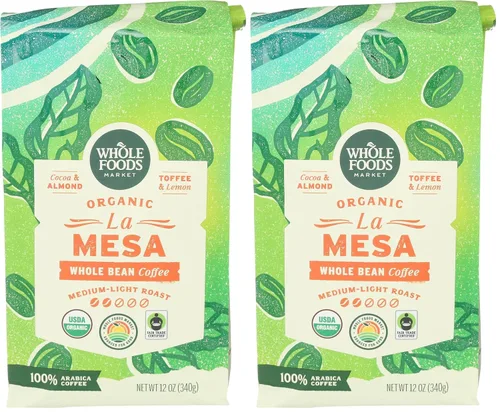 Vista 9 de Whole Foods Market, Organic La Mesa - Café en grano entero, tostado medio ligero, cacao, almendras, caramelo y limón, 12 onzas