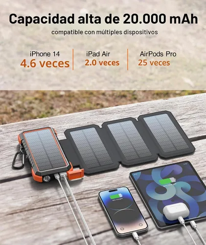 Vista 4 de BLAVOR Cargador solar, PD 18 W, carga rápida, 20000 mAh, con 4 paneles plegables, cargador USB C portátil con linterna de campamento, mosquetón