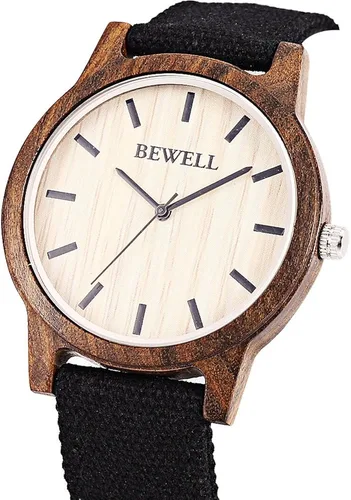 Vista 3 de BEWELL - Reloj de pulsera de cuarzo ultrafino para hombre, correa de lona, esfera de madera ligera