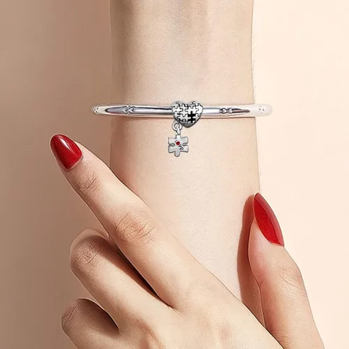 Vista 3 de KunBead Rompecabezas de concientización sobre el autismo, dije colgante de corazón, compatible con pulsera Pandora, collar, joyería de cumpleaños