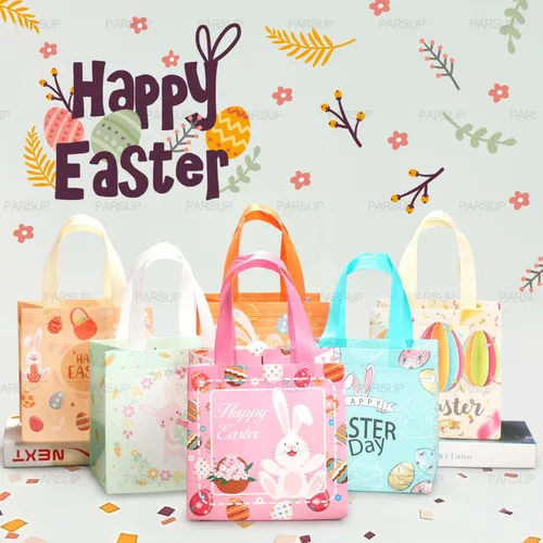 Vista 6 de PARSUP 6 bolsas multifuncionales no tejidas con asas, diseño de conejo de Pascua, zanahoria, pollito y zanahoria, suministros de fiesta de Pascua