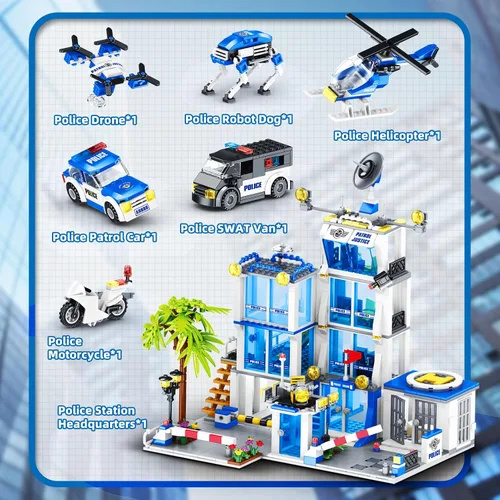 Vista 4 de Juego de construcción de la estación de policía de la ciudad, 1045 piezas de bloques de construcción de la sede de policía con coche de policía