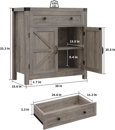 Vista 3 de HOSTACK Armario de almacenamiento de cocina, gabinete de barra de café de granja, gris ceniza Small Buffet Cabinet with Doors & Wide Drawer, Wood