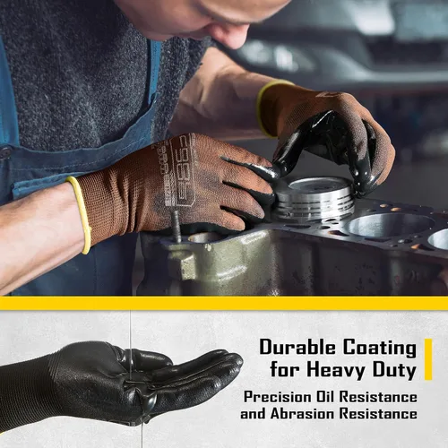 Vista 4 de COOLJOB 10/20 Pairs Nitrile Dipped Safety Work Gloves with Grip, Non-slip Black Camel