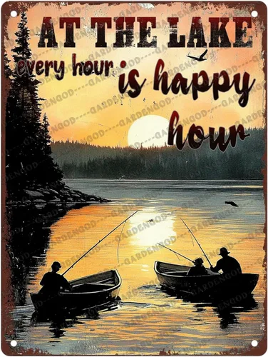 Vista 30 de Cartel de metal divertido con texto en inglés «At The Lake Every Hour Is Happy Hour», divertido póster de hojalata novedoso para el hogar, cocina