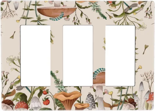 Vista 146 de Placa de Pared en Blanco de 1-Gang Sin Dispositivo Beige Lindo Vintage Boho de los 70s Hongo Fungus Planta Floral Botánica Libélula Interruptor