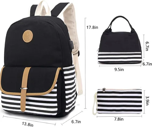 Vista 6 de Mochila escolar para adolescentes y mujeres, lindo juego de mochila universitaria de lona a rayas con bolsa de almuerzo, bolsa para lápices