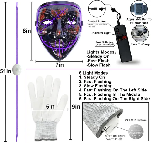 Vista 4 de Camlinbo Juego de 3 máscaras LED de Halloween, guantes iluminados y cordones brillantes para Halloween, disfraz de Halloween, fiesta de cosplay