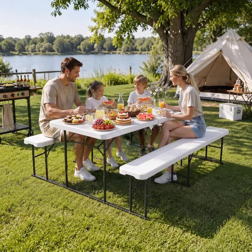 Vista 10 de DWVO Mesa de picnic plegable de 6 pies con bancos, juego de mesa de picnic Blanco