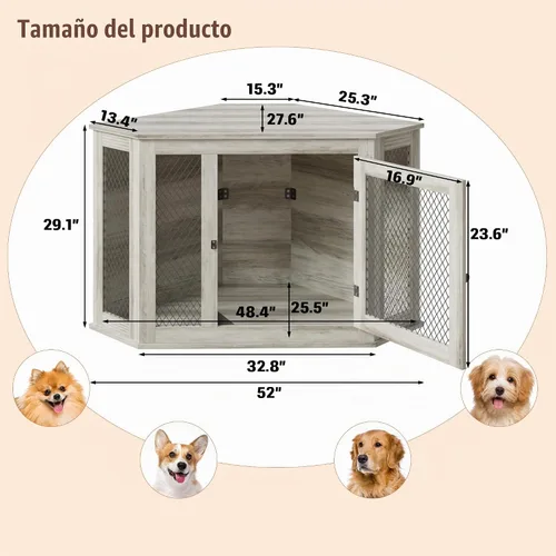 Vista 2 de PUKAMI Mueble esquinero de 52 pulgadas para perros, muebles de madera para perreras con malla, casa decorativa de madera para perros