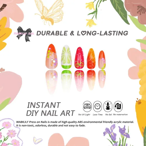Vista 2 de Uñas postizas de almendra medianas MABKJLF con punta francesa, uñas falsas 3D con diseños de pedrería de flores de fresa, uñas pegajosas brillantes 1