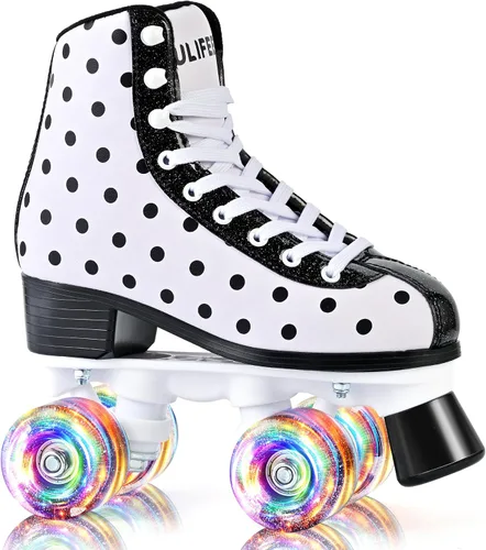 Vista 7 de SULIFEEL Patines de ruedas para niñas y mujeres con ruedas iluminadas y patrón de lunares, patines para niños y adultos para uso en interiores y al