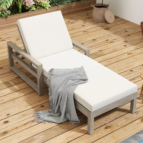Vista 29 de Tumbona reclinable para patio al aire libre con respaldo ajustable de 5 posiciones y mesa auxiliar de madera, silla lounge para todo tipo de clima
