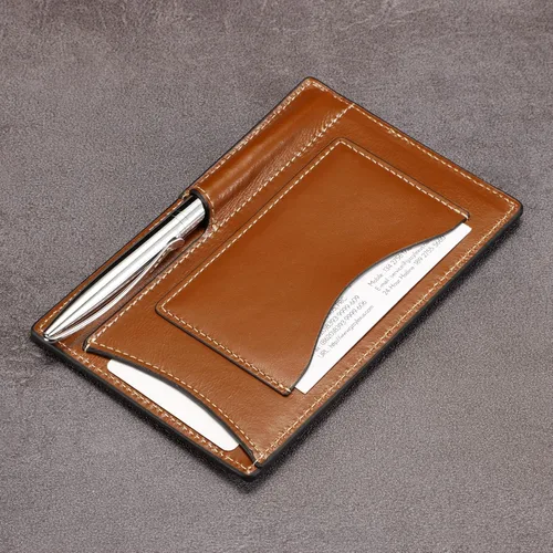 Vista 2 de HISCOW Bloc de notas y cuaderno de bolsillo de cuero italiano, bloc de notas de 3 x 5 con soporte seguro para bolígrafo, organizador de notas marrón