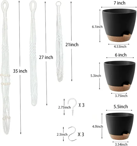 Vista 4 de Macetas colgantes con colgadores de macramé para plantas de interior y exterior, juego de 3 cestas colgantes de 35/27/21 pulgadas, macetas de riego