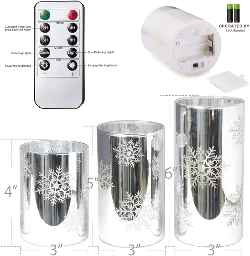 Vista 3 de Velas LED sin llama de copo de nieve con control remoto y temporizador, velas de vidrio electrochapado operadas por batería, velas LED parpadeantes