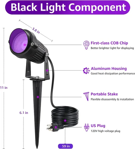 Vista 7 de SUNVIE Luces LED negras para exteriores, luz negra, impermeable, foco de luz negra de 10 W, foco de 120 V, luces de Halloween, luz negra para fiesta