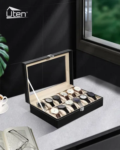 Vista 2 de Uten Organizador de relojes, caja de poliuretano con 12 ranuras y tapa de cristal, regalo del día de San Valentín, caja de exhibición de reloj